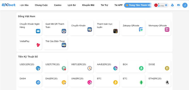 Các hình thức nạp tiền chính thức tại trang cá cược 8XBET