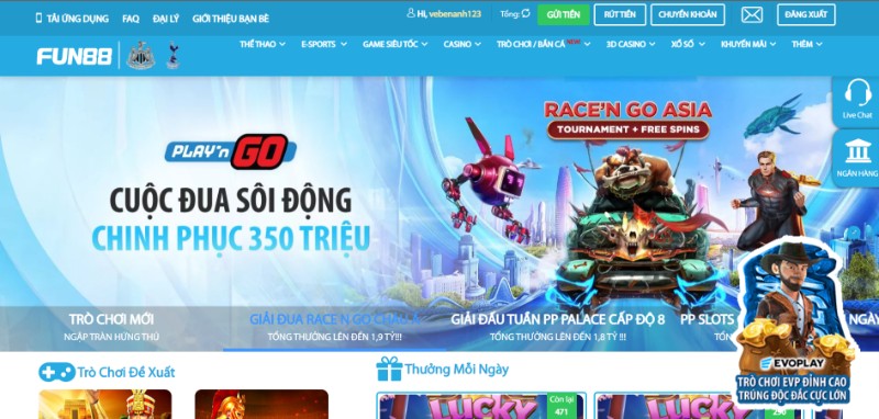 Đăng nhập và chọn nạp tiền FUN88
