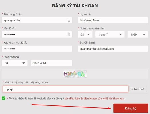 Nhập các thông tin cá nhân để đăng ký tài khoản