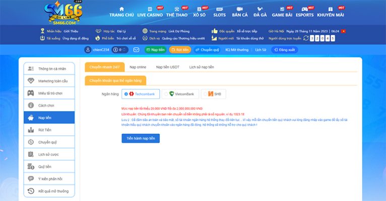 Hướng dẫn nạp tiền thông qua tài khoản ngân hàng tại SM66