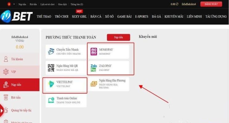 Người chơi có thể lựa chọn phương thức thanh toán qua Momo hoặc Zalopay trên hệ thống i9bet
