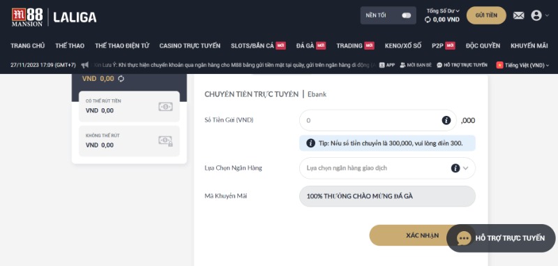 Nạp tiền M88 qua phương thức trực tuyến