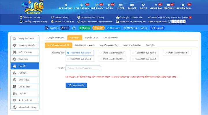 Nạp tiền online tại nhà cái SM66 cho tân thủ