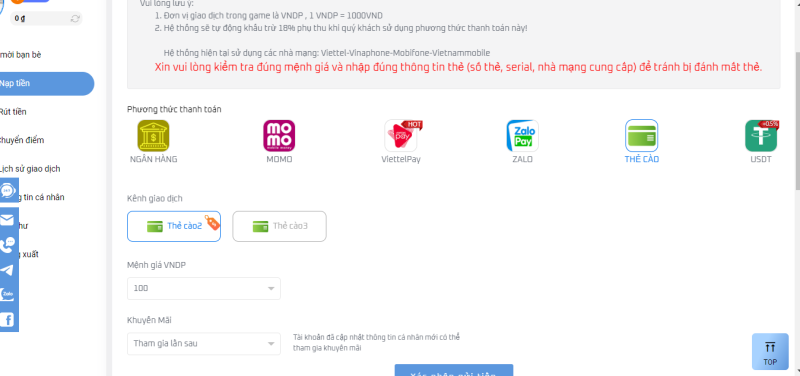 Hướng dẫn cách nạp tiền TF88 qua thẻ cào