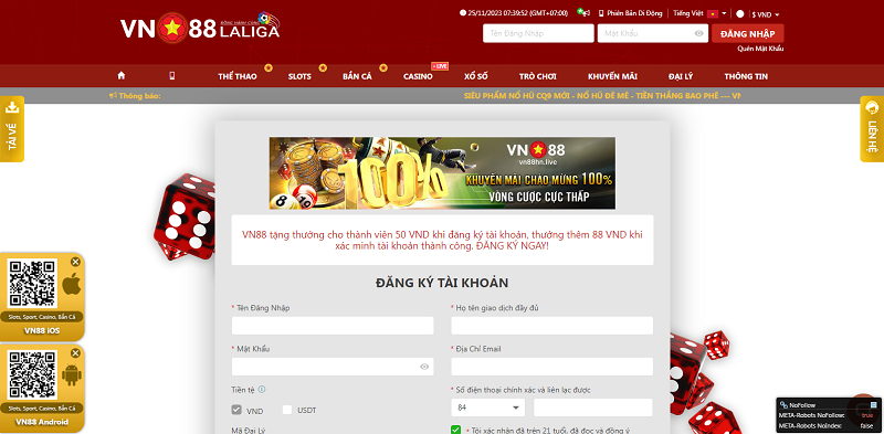 Giao diện website nhà cái VN88