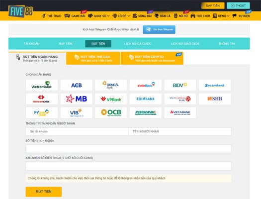 Người chơi có thể lựa chọn 3 phương thức rút tiền tại Five88