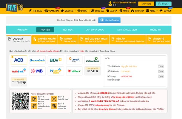 Người chơi được phép lựa chọn các phương thức nạp tiền Five88 khác nhau