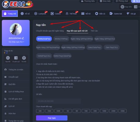 Người chơi được phép lựa chọn phương thức nạp tiền tại EE88