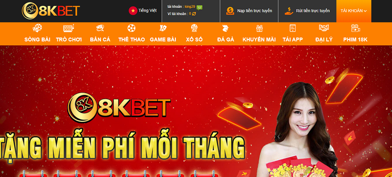 Giao diện chính thức của website 8kbet