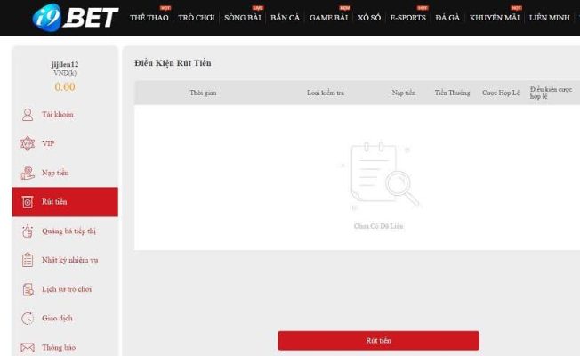 Giao diện rút tiền về tài khoản ngân hàng trên hệ thống i9bet