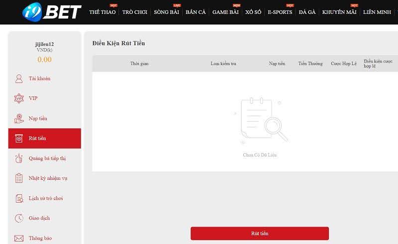 Giao diện rút tiền về tài khoản ngân hàng trên hệ thống i9bet