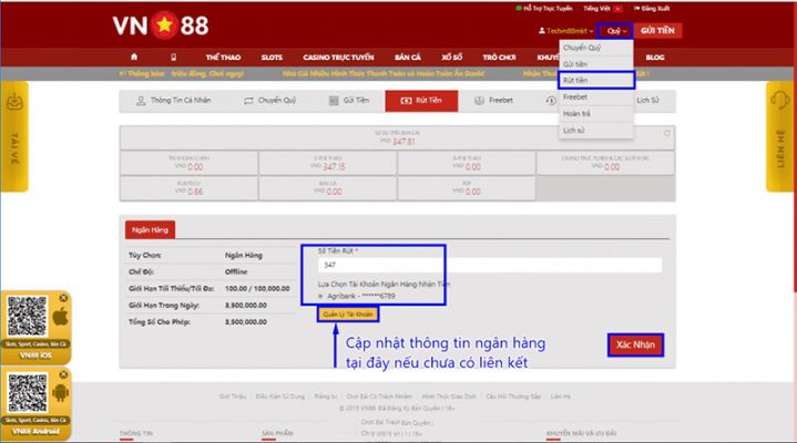Cập nhật thông tin ngân hàng 1 lần tại mục “Quản lý tài khoản”