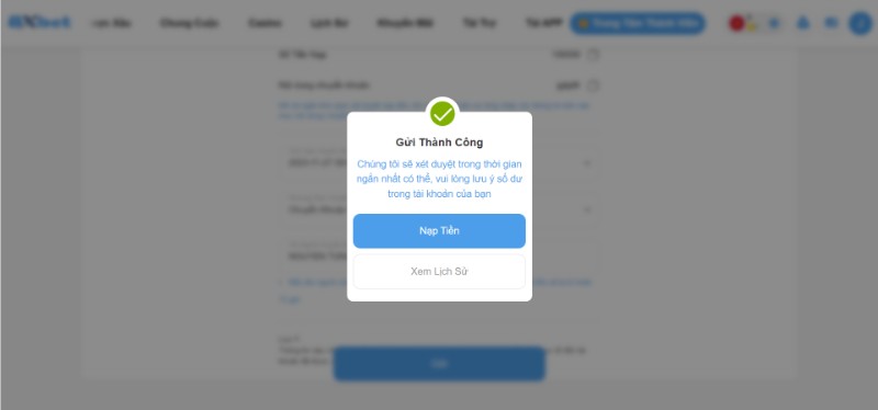 Thông báo chờ xét duyệt giao dịch của nhà cái