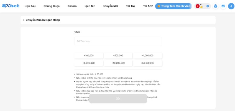 Điền thông tin nạp tiền 8Xbet